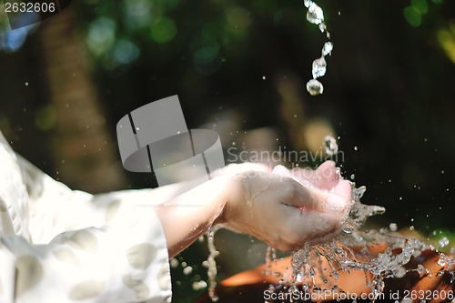 Image of splashing fresh water on woman hands