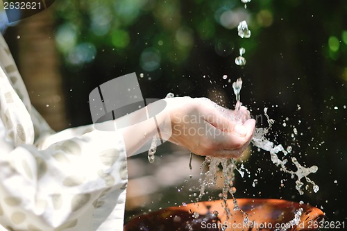 Image of splashing fresh water on woman hands