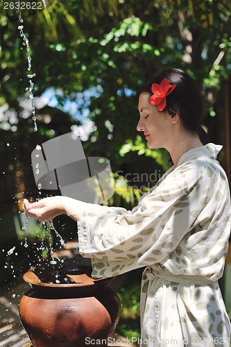 Image of splashing fresh water on woman hands