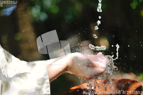 Image of splashing fresh water on woman hands