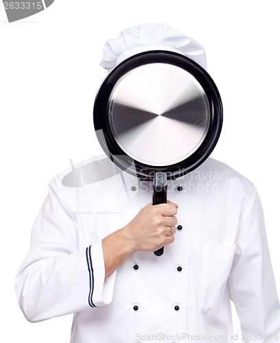 Image of Chef with a pan in her face on white background