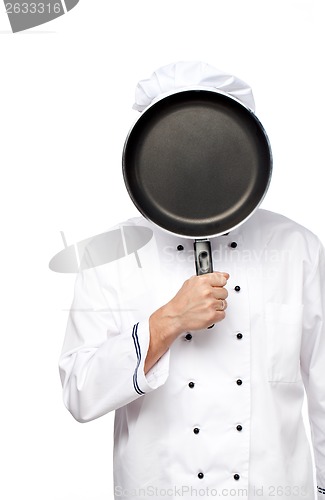 Image of Chef with a pan in her face on white background