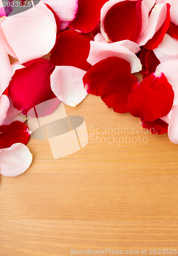 Image of Rose petal over the wooden background