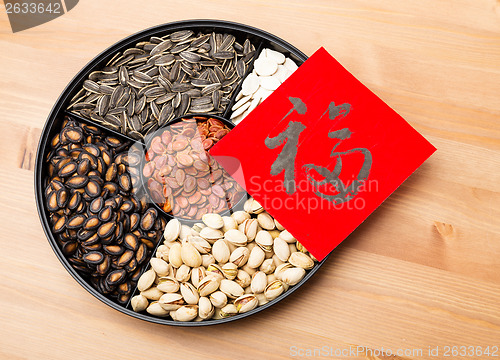 Image of Assorted chinese sytle snack tray and chinese calligraphy, meani