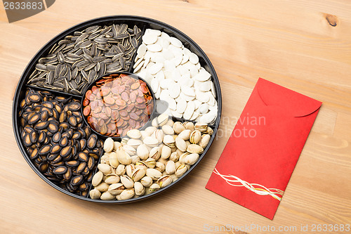 Image of Assorted Snack tray and red pocket for Lunar new year 
