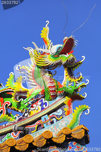 Image of Chinese style dragon statue with blue sky