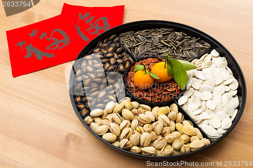 Image of Chinese new year snack tray and chinese calligraphy, meaning for