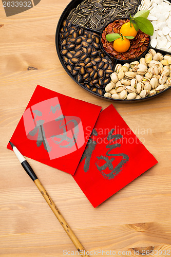 Image of Chinese new year snack box and chinese calligraphy, meaning for 