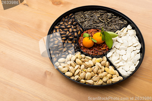 Image of Chinese new year snack box and citrus fruit