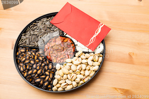 Image of Assorted Chinese snack tray and red pocket for lunar new year