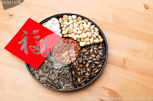 Image of Assorted chinese sytle snack tray and chinese calligraphy, meani