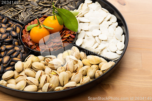 Image of Chinese new year snack tray and citrus fruit 