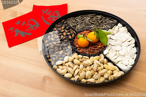 Image of Lunar new year snack tray and chinese calligraphy, meaning for b