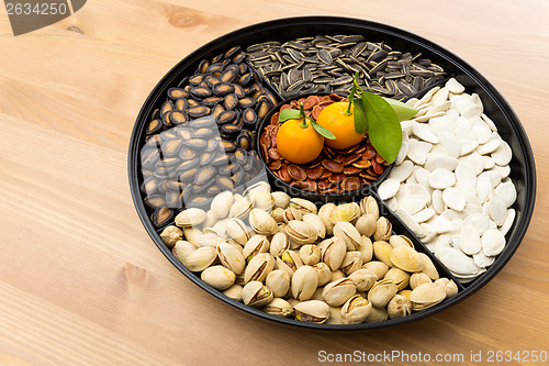 Image of Chinese new year snack box and citrus fruit