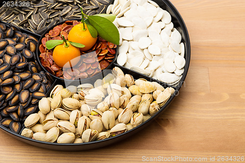 Image of Chinese new year snack box and citrus fruit