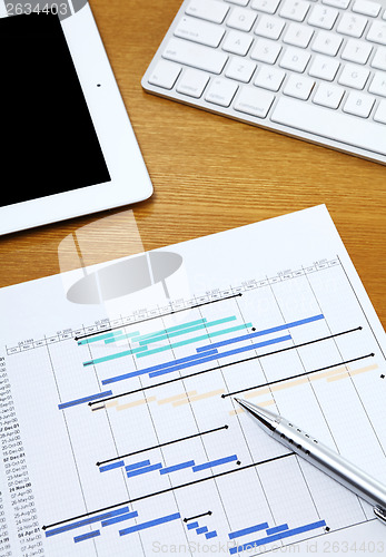 Image of Project planning gantt chart with tablet and computer keyboard