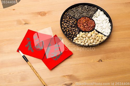 Image of Chinese new year snack tray and chinese calligraphy, meaning for