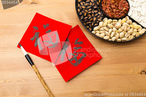 Image of Assorted chinese sytle snack tray and chinese calligraphy, meani