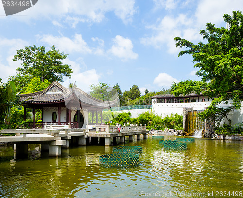 Image of Chinese style pavilion with lake