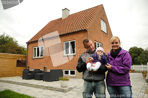 Image of Happy family in front of house