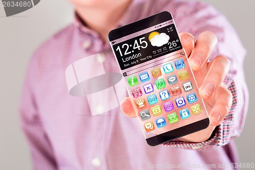 Image of Smartphone with transparent screen in human hands.