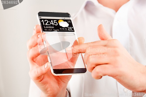 Image of Smartphone with transparent screen in human hands.