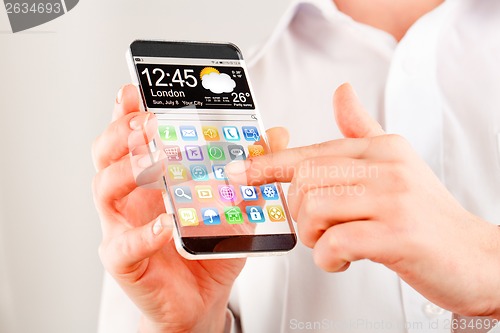 Image of Smartphone with transparent screen in human hands.