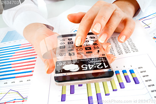 Image of Smartphone with transparent screen in human hands.