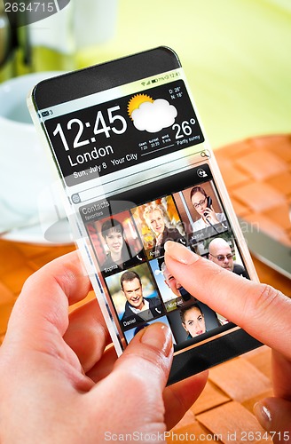 Image of Smartphone with transparent screen in human hands.