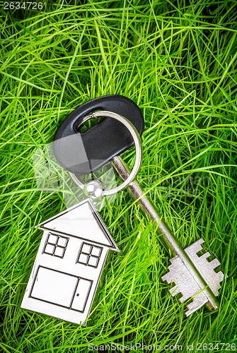 Image of House key and green grass