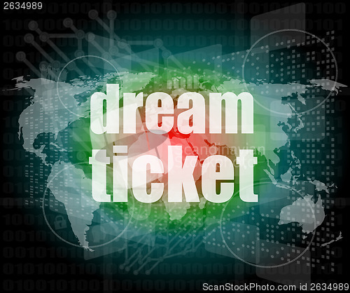 Image of business concept: words dream ticket on digital screen