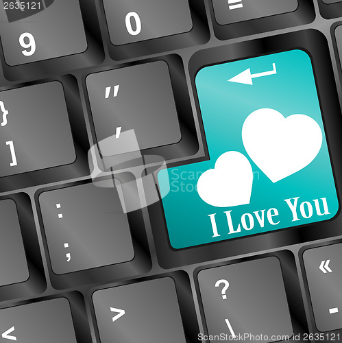 Image of Online love, two hearts symbol at the computer key, i love you