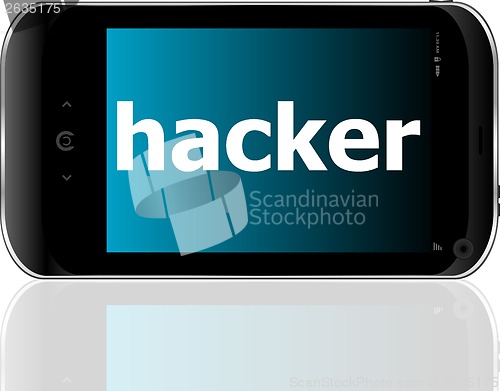 Image of smartphone with word hacker on display, business concept