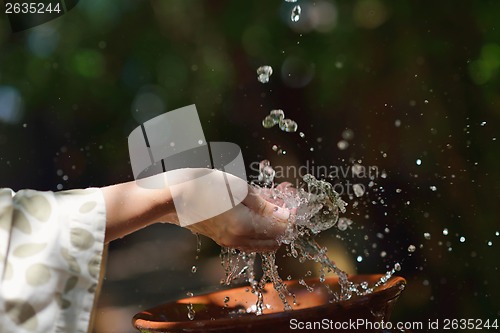 Image of splashing fresh water on woman hands