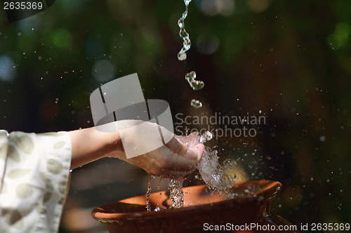 Image of splashing fresh water on woman hands