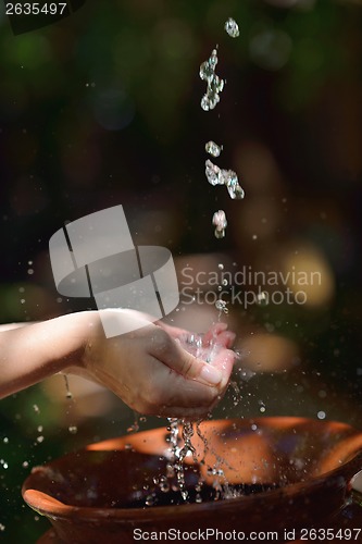 Image of splashing fresh water on woman hands