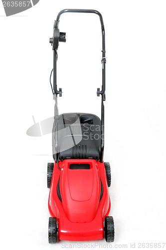 Image of new red lawnmower on white background