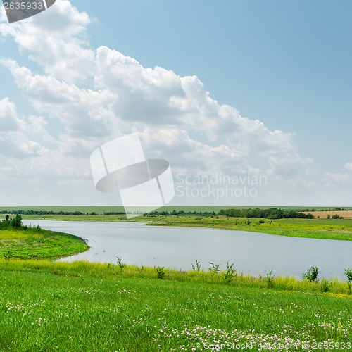 Image of river with green grass and cloudy day