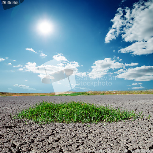 Image of cracked earth with green grass and deep blue sky over it