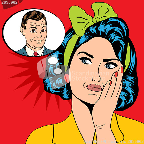 Image of illustration of a woman who thinks a man in a pop art style, vec