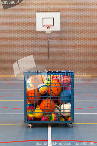 Image of Collection of different balls in a metal cage