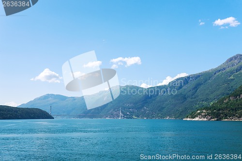 Image of Remote view at the modern bridge over fjord