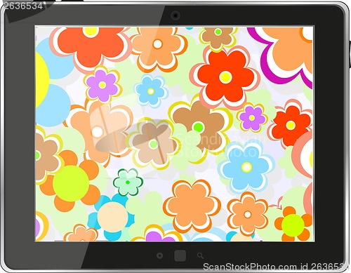 Image of Tablet pc with flowers on screen, digital smart phone