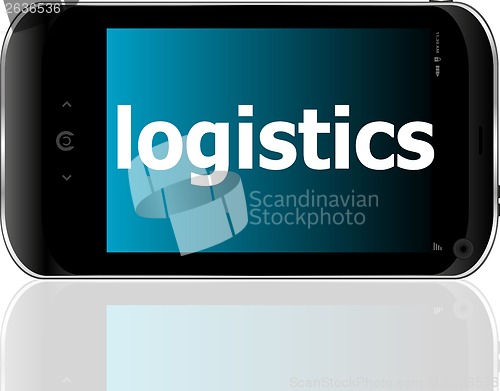 Image of smartphone with word logistics on display, business concept