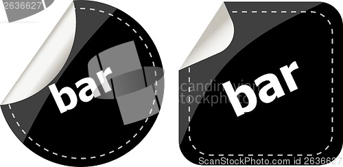 Image of bar word on black stickers button set, business label