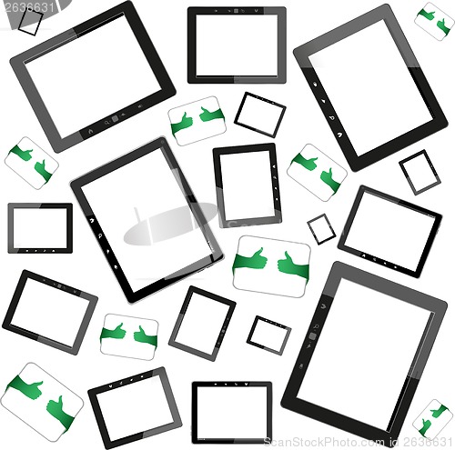 Image of Set of tablet pc computers with blank screen on white background