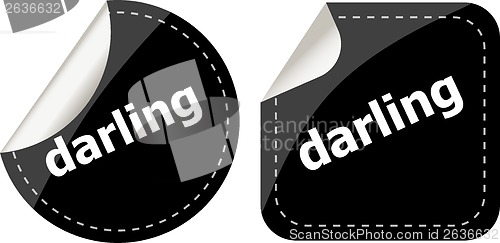 Image of darling word on black stickers web button set, label, icon