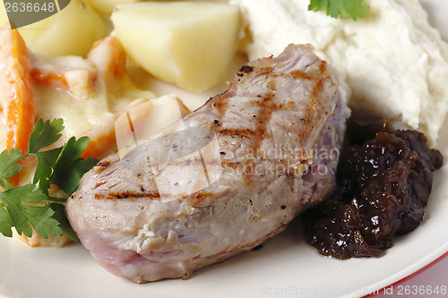 Image of Veal steak with gourmet vegetables,