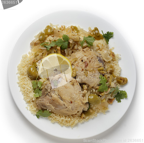 Image of Citrus chicken with olives and couscous from above