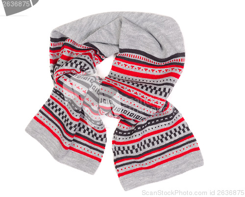 Image of gray knitted scarf with ornament